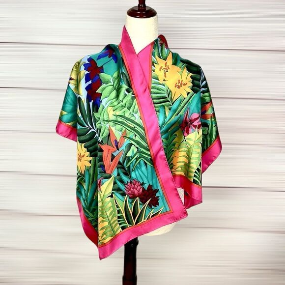 Perry Ellis Oblong Silk Scarf Bright Green Pink Tropical Floral 17x64” Japan Vtg - Picture 5 of 12